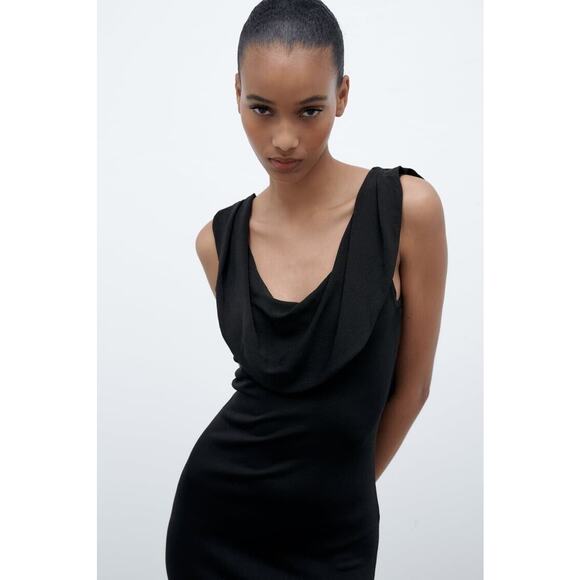 Zara Cowl Neck Black Knit Maxi Dress Small Low Back Resort Wear Minimalist - Picture 2 of 13